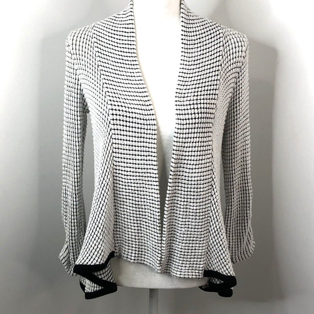 Maeve Anthropologie Womens Open Front Cardigan Sz Medium Black White Knit *FLAW* - Picture 2 of 11